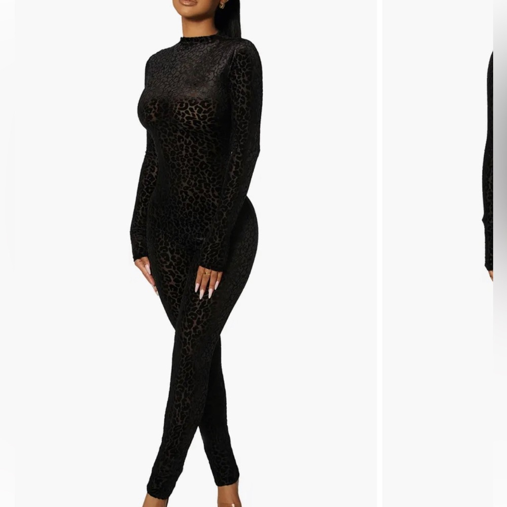 Naked Wardrobe Long Sleeve Catsuit Jumpsuit cheetah leopard velvet nose to toes